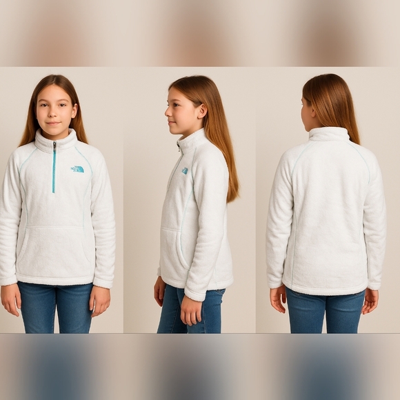 The North Face Girls’ XL (18) White Fleece Pullover Jacket – Aqua Trim - Picture 9 of 9